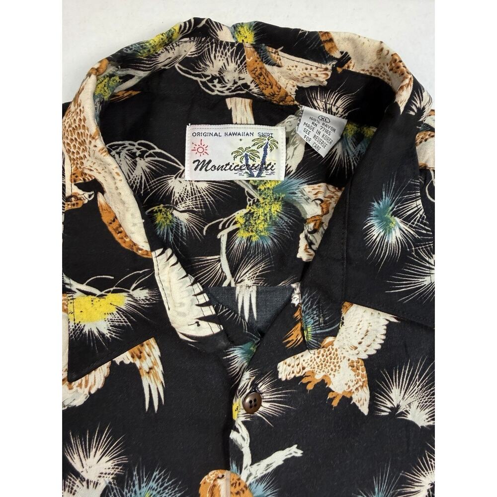 Monticello Hawaiian Shirt Mens XL Black Bird Print Rayon Short Sleeve Aloha - Picture 3 of 10